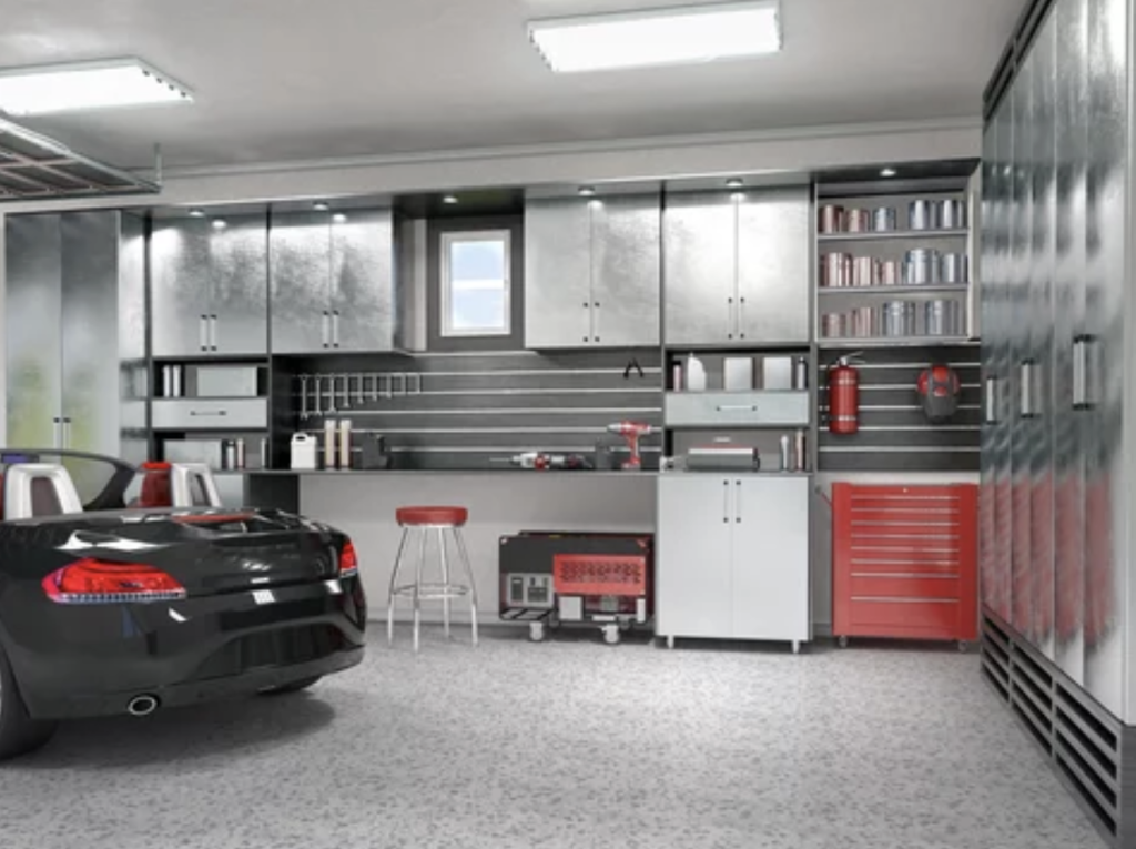 A clean garge with a sports car on the left and a wall of organized cabinets in the background.