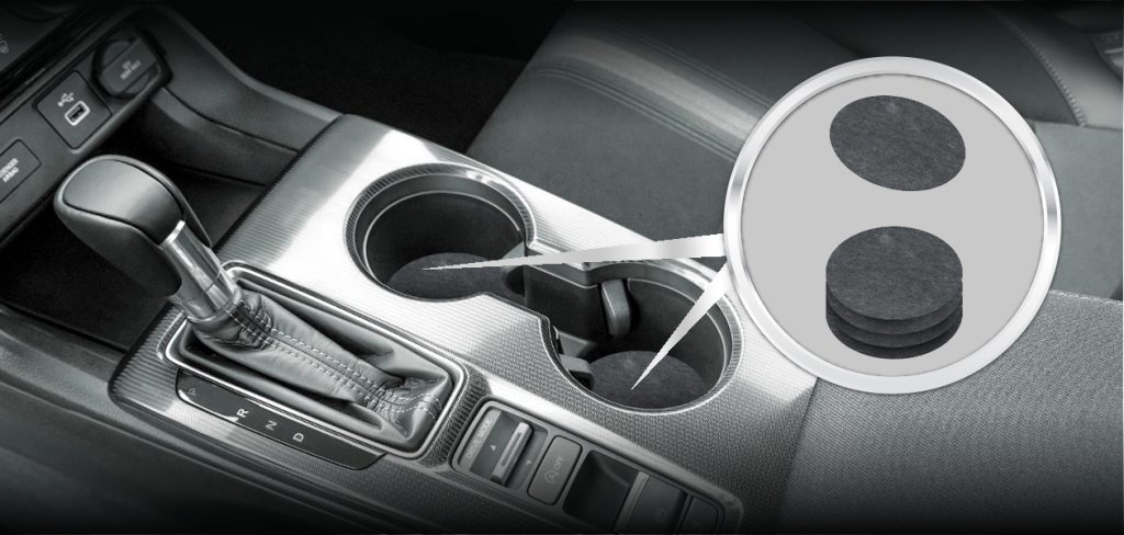 Call out image of the cup holder liner product pointing to where they get placed in a car.