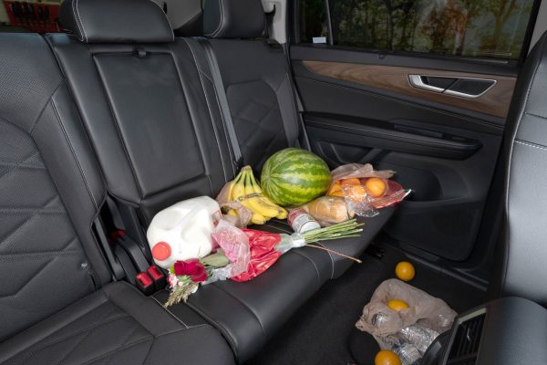 A mess of disorganized groceries in the backseat of a car. Showing a typical problem the Cargoboss Snap Open Organizer can solve.