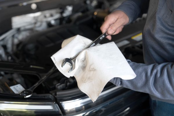 The ragboss rewashable towels being used to wipe of a dirty wrench.