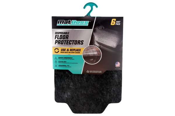 6 pack MatBoss disposable floor protectors on a teal hook.