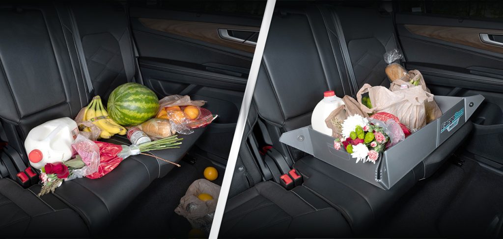 Before and after of the cargo boss back seat snap open tray solving the problem of disorganization of groceries