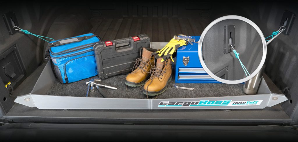 Before and after of the cargo boss bed trunk snap open tray solving the problem of disorganization of work supplies