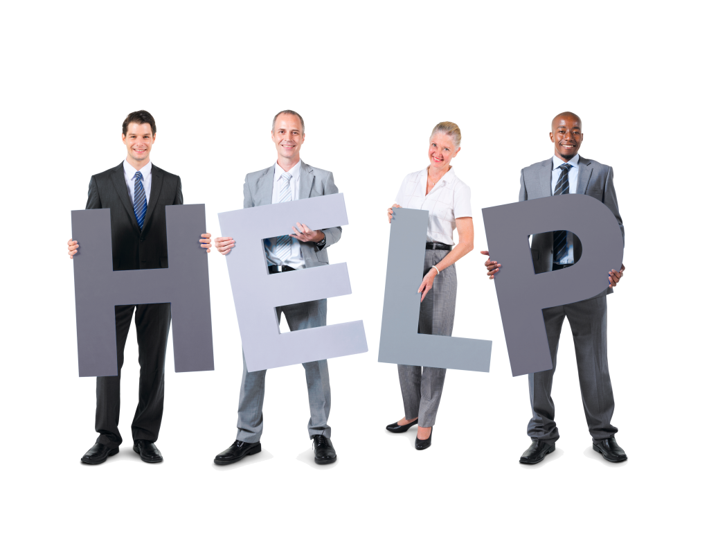Group of employees holding letters that spell help.